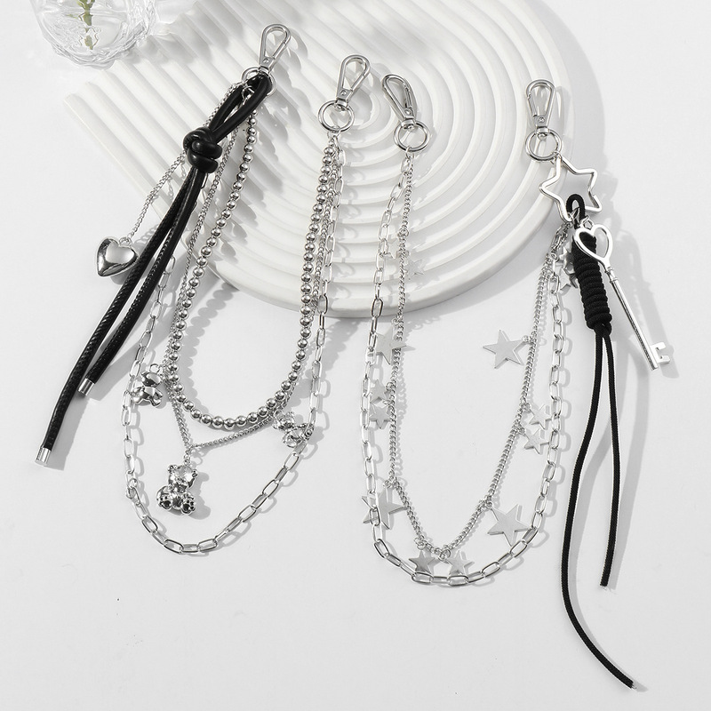 Sweet and Cool Style Silver Ccb Beaded Bear Heart Pants Chain Accessory Star Leather Strap Jeans Hanging Chain Decoration