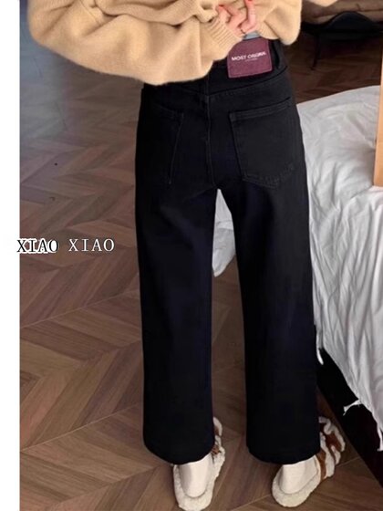 春季新款黑色九分直筒裤女大码胖mm梨型身材显瘦弹力阔腿牛仔裤子