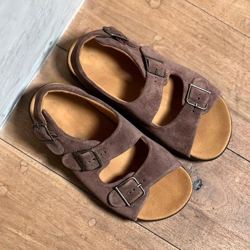 2026 Summer New High-End Retro Thick-Soled Open-Toe Roman Sandals Suede Belt Buckle Flat Birkenstock Sandals