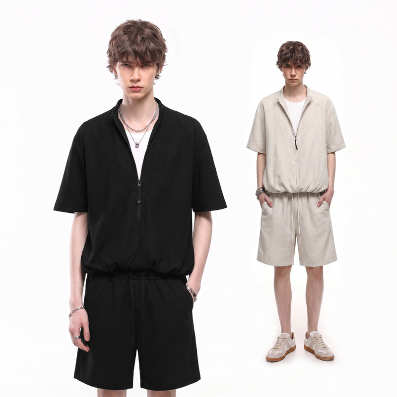 Trend St Light Luxury Old Money Style Faux Two-Piece Half-Zip Short-Sleeve Shirt Set Summer Casual Shorts Two-Piece Set Trend St Light Luxury Old Money Style Faux Two-Piece Half-Zip Short-Sleeve Shirt Set Summer Casual Shorts Two-Piece Set