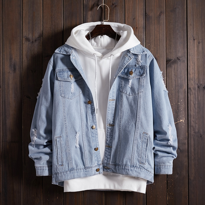 Mùa thu / mùa đông váy hole-in-the-lỗ denim jacket nam loose-fitting gió retro hợp thời trang lớn mã áo khoác nam ins siêu áo khoác lửa.