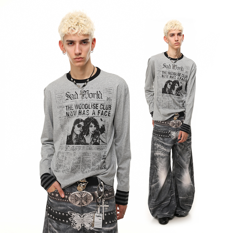 Trend St Light Street Rock Character Print Regular Shoulder T-Shirt Long Sleeve Men's Autumn Spliced Fake Two-Piece Top