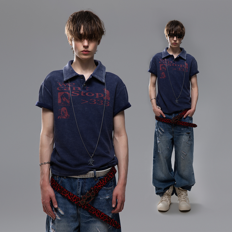 Light Asian Street Punk Vintage Waffle Knit Regular Shoulder T-Shirt Short Sleeve Men's Summer Boxy Fit Short Polo Shirt