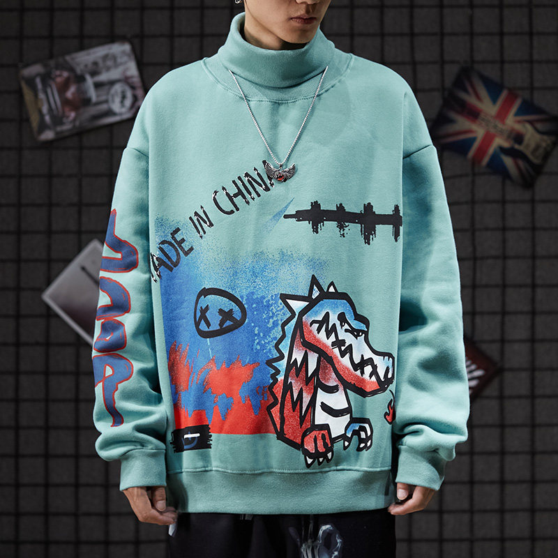 Autumn round turtleneck thick cotton T men pullover long-sleeved European and American hip-hop cartoon printing tide brand loose couple velvet top