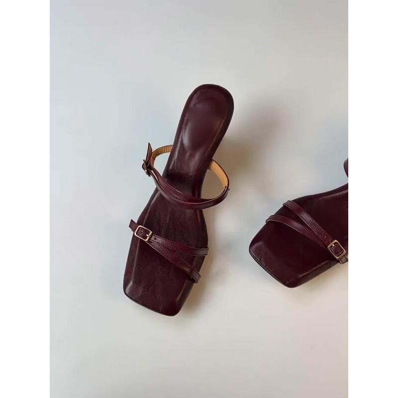 Sheepskin! Women's Summer Fashion Slippers, Stylish and Elegant, Burgundy Square-Toe High-Heeled Sandals with Metal Buckle and Single Strap