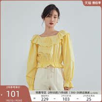 Van Th Blue Enfa Style Lock Bone Square Collar Blouse Blouse With Gentle Lotus Leaf Side Shirt Lady Spring Autumn Design Sensation