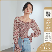 Fan Si Lanen French square collar floral chiffon shirt female 2021 spring new vintage Lotus Leaf sleeve sweet chiffon top