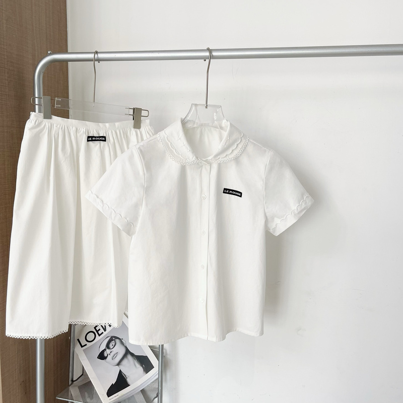 Le Rouge Zhou Meimei Miu Series College Lace Trim Lapel Black Label Regular Shoulder White Short-Sleeve Shirt Set