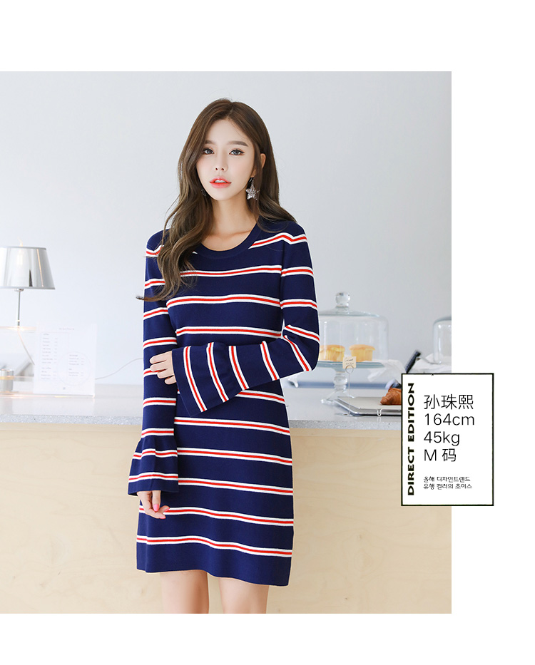 Quần áo Handu 2019 mùa xuân mới của phụ nữ sọc tươi Một từ lỏng lẻo váy dài tay hoang dã - A-Line Váy đầm xòe đẹp