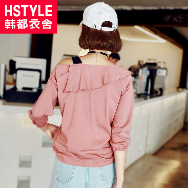 韩都衣舍 18年春季新款 荷叶边系带露肩T恤 天猫优惠券折后￥48包邮（￥78-30）