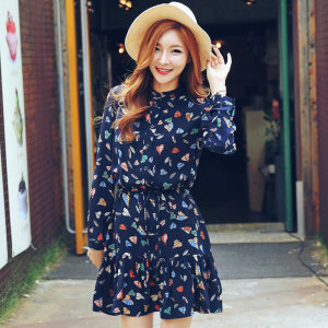 韩都衣舍2017韩版女装春装新款修身显瘦印花长袖连衣裙KY6080