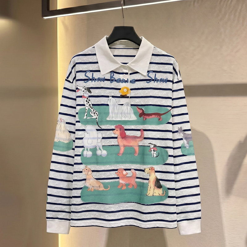 Shenzhen Nanyou High-End Women's Clothing 2026 Summer New Collection Lapel Striped Dog Beauty Pageant Print T-Shirt Top