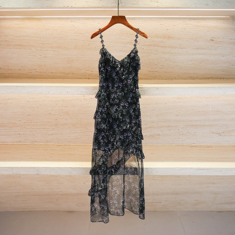 In Stock】Shenzhen Nanyou High-End Women's Clothing 2025 Summer French Resort Style Ruffled Floral Print Spaghetti Strap Dress