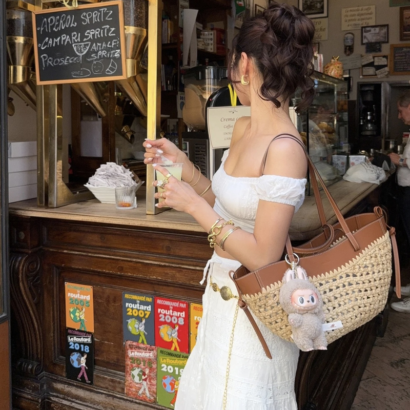 2026 LAOSHU New Vintage Casual Straw Bag Patchwork Woven Bag Large Capacity Vacation Tote Bag Shoulder Bag for Women