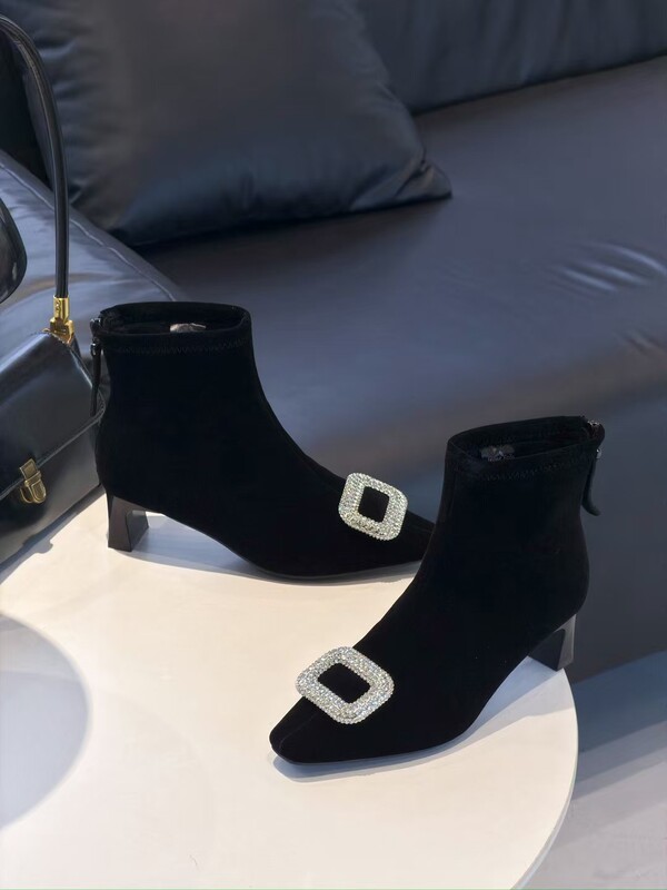 Yinyin's 2026 Autumn and Winter French Fashion Velvet Black Rhinestone Square Buckle Chunky Heel Short Boots for Women, Stretchy Slim Boots