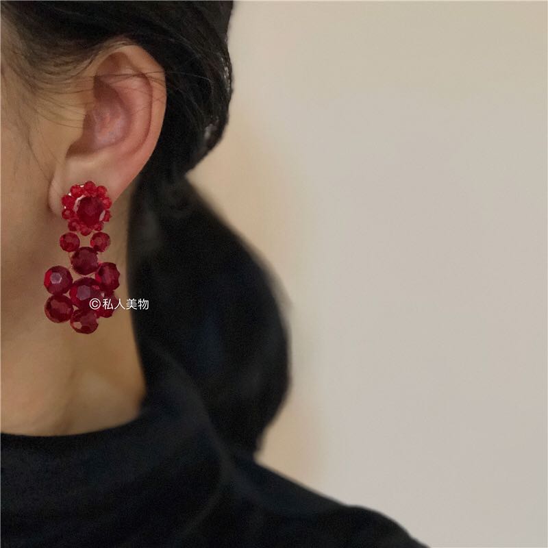 simone handmade crystal flower fashion catwalk wine red fashionable earrings 925 ear pin ear clips