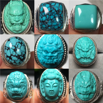 Hubei natural ore turquoise ring men and women high Porcelain Blue Dragon beast Guanyin Fashion Live mouth 925 silver inlay