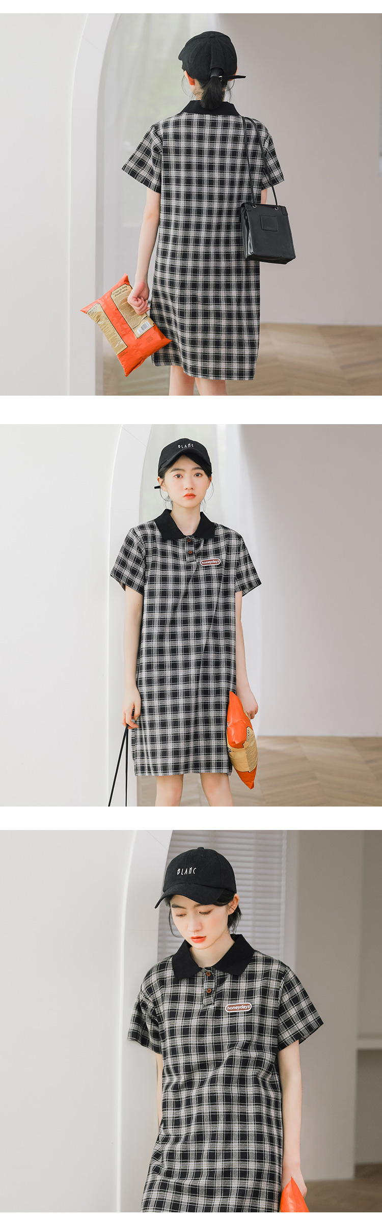 VK旗艦店 韓妞推薦學院風小清新格紋短袖洋裝