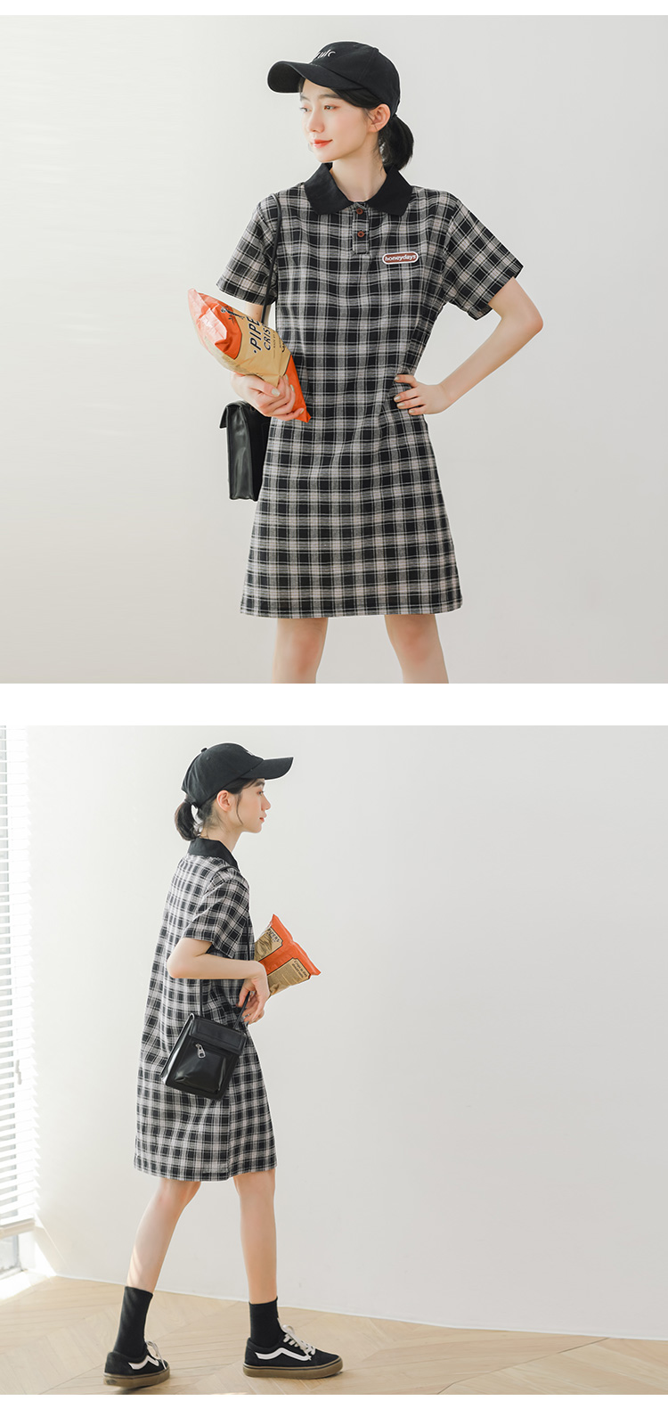 VK旗艦店 韓妞推薦學院風小清新格紋短袖洋裝