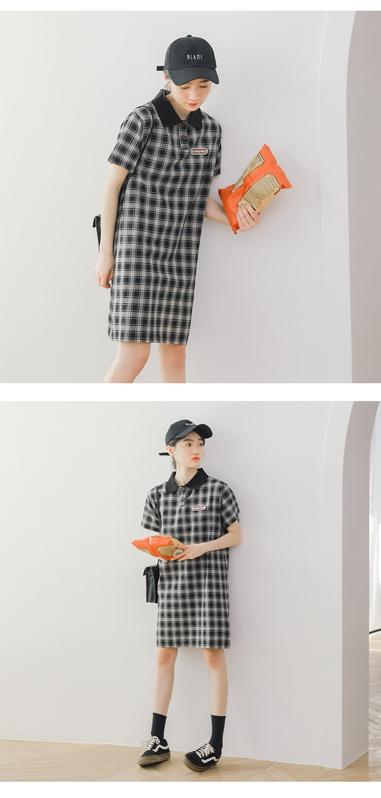 VK旗艦店 韓妞推薦學院風小清新格紋短袖洋裝