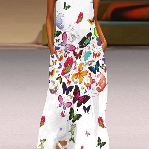 Fashionable European and American Clothing, Amazon's Best-Selling Plus-Size White Butterfly Print Long Dress, Sexy Sleeveless Dress