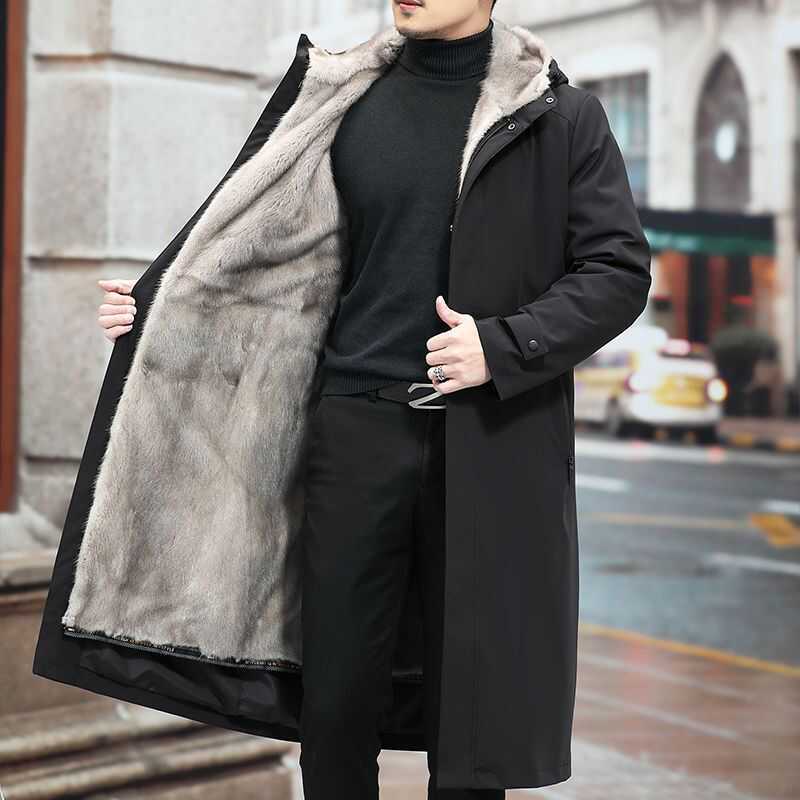 Men's 2026 Thickened Trench Coat, Mid-Length Winter Jacket, Thickened with Cotton, Black, Large Size, Mink Parka