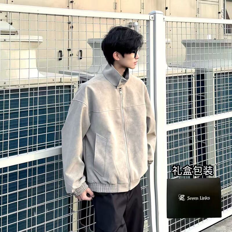 Seven Links丨【In Stock with Free Base Layer】Tie-Dye Pu Leather American Retro Stand-Up Collar Leather Jacket
