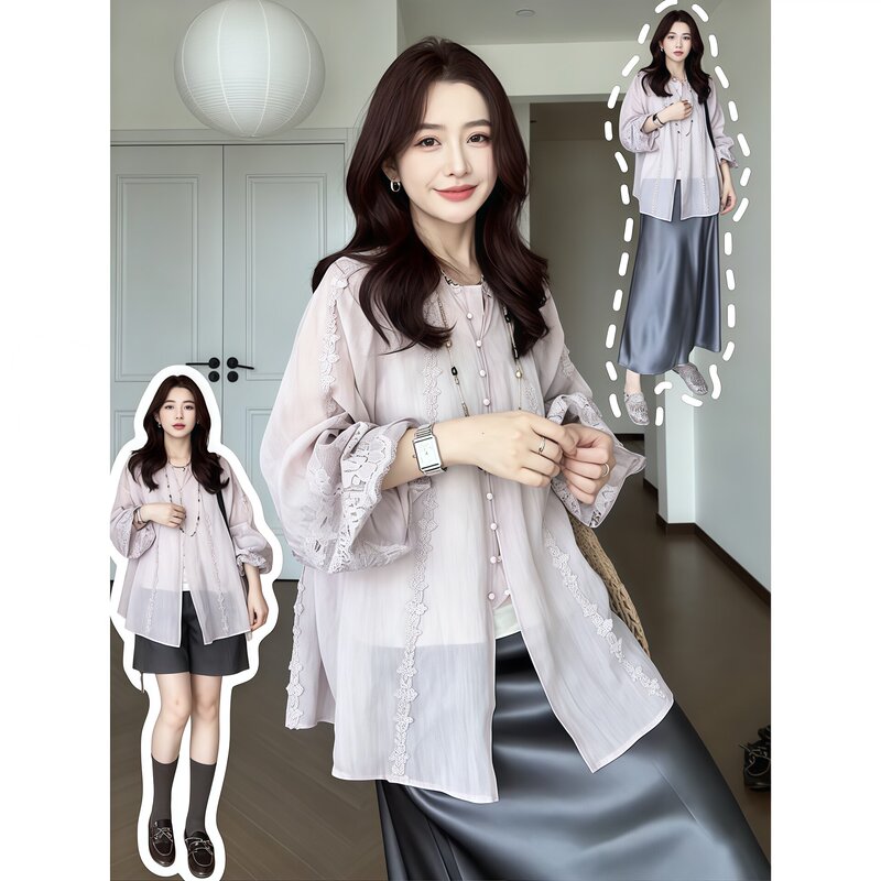 Gentle and Natural Style Lace Patchwork Long-Sleeve Shirt for Slightly Chubby Women, Plus Size Women's Clothing, Slimming, Age-Reducing, Sun-Protective, Elegant Top Gentle and Natural Style Lace Patchwork Long-Sleeve Shirt for Slightly Chubby Women, Plus Size Women's Clothing, Slimming, Age-Reducing, Sun-Protective, Elegant Top