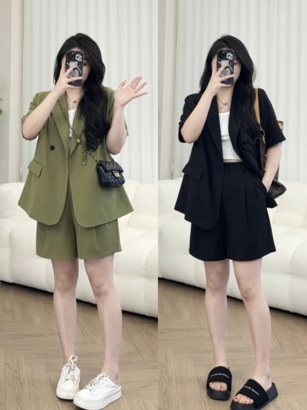 Xuanxuan Plus-Size Short-Sleeved Suit Set for Women, Summer Large Size High-End Suit Jacket + Five-Point Shorts Two-Piece Set