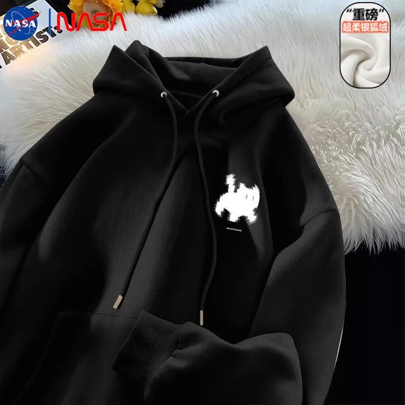 Nasa Heavy-Duty American-Style Pixel Cat Hooded Sweatshirt for Men, Autumn and Winter Thickened Loose Casual Couple's Jacket Top