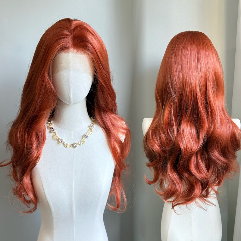 Flat-Head Xiao Xu Dirty Orange Curly Hair Hand-Crocheted Large Lace Front with Random Parting Cosplay Hand-Crocheted Raw High-Temperature Fiber Wig