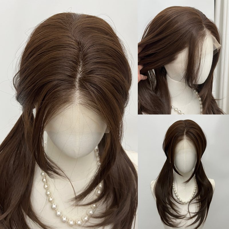 【Japanese Silk】Caramel Cocoa Eight-Character Bangs Natural High-Layered Hand-Crocheted Hairline Lace High-Temperature Fiber Wig