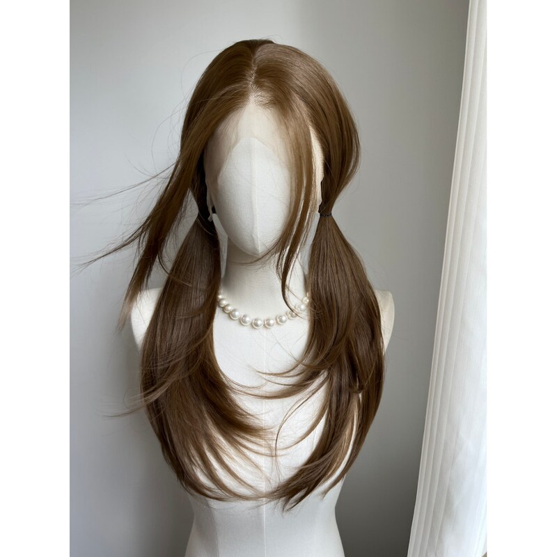 【Japanese Silk】Green-Brown Tea Color with Bangs! Natural High-End Hand-Crocheted Large Lace High-Temperature Fiber Wig