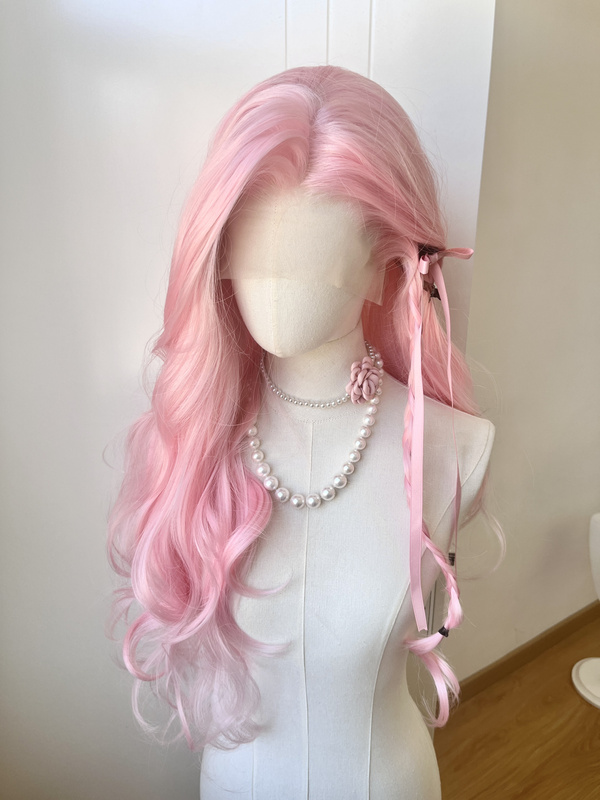 Flat Head Xiaoxu Xiaomarou Pink Curly Hand-Crocheted Large Lace Free-Parting High-Temperature Fiber Cosplay Wig Base