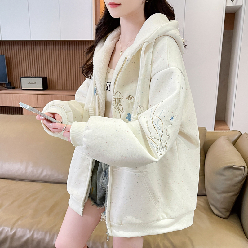 Autumn and Winter Lamb Wool Sweatshirt Jacket for Women 2026 New Style Casual Loose Baseball Jacket for Middle and High School Students Thickened Cotton Coat