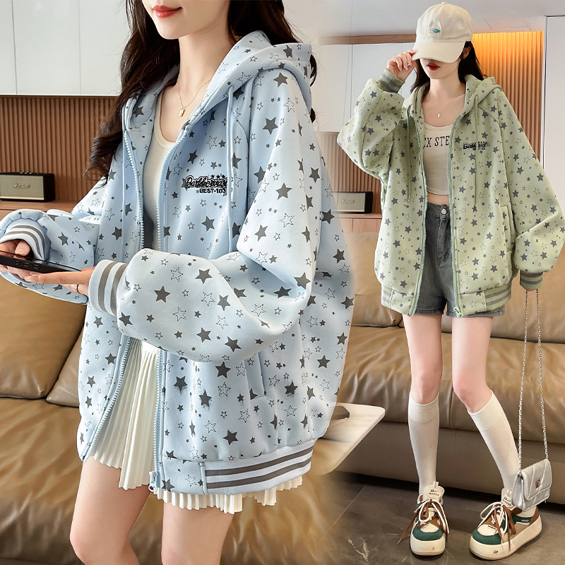 American-Style Sweet and Cool Star-Printed Hooded Sweatshirt for Women, New Spring and Autumn Loose-Fitting Student Casual Baseball Jacket
