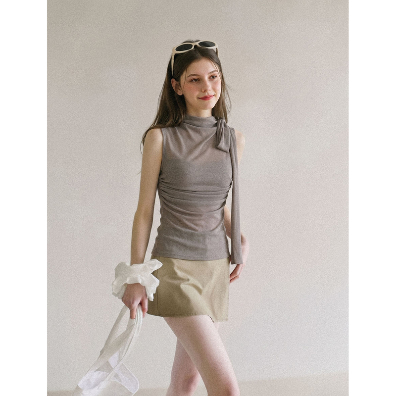 Umoneone Daily Casual Style Gray Lapel Vest for Women 2026 Summer Outerwear Tie-Up Slim Sleeveless Top