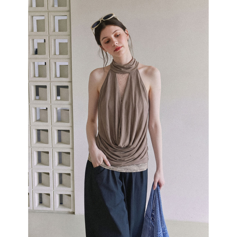 Umoneone Casual Style Relaxed Halter Neck Tank Top for Women 2026 Summer New Daily Coffee Color Sleeveless Top Umoneone Casual Style Relaxed Halter Neck Tank Top for Women 2026 Summer New Daily Coffee Color Sleeveless Top
