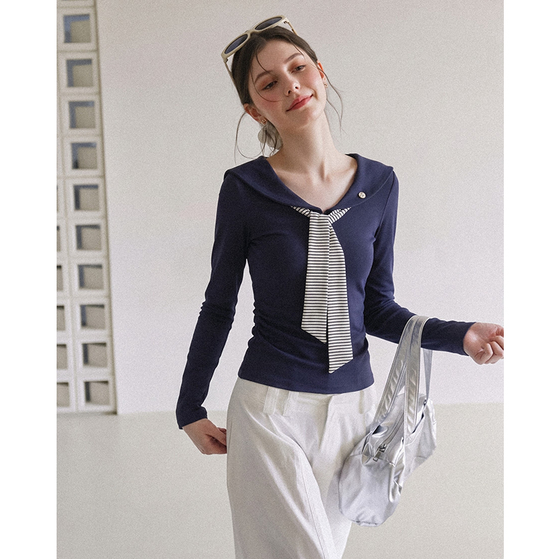 Umoneone Korean Style Navy Blue Nautica Style Stripesd Long-Sleeved T-Shirt for Women 2026 Autum Age-Reducing Preppy Style Top Umoneone Korean Style Navy Blue Nautica Style Stripesd Long-Sleeved T-Shirt for Women 2026 Autum Age-Reducing Preppy Style Top