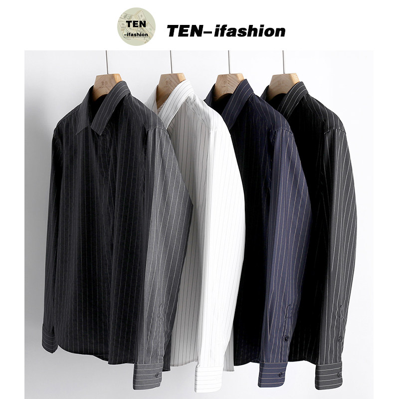 Casual striped long-sleeved shirt men's long-sleeved Korean trend solid color autumn shirt business handsome shirt formal men
