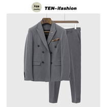 Double-breasted suit mens jacket autumn business professional suit suit suit decoration British style handsome wedding groom dress