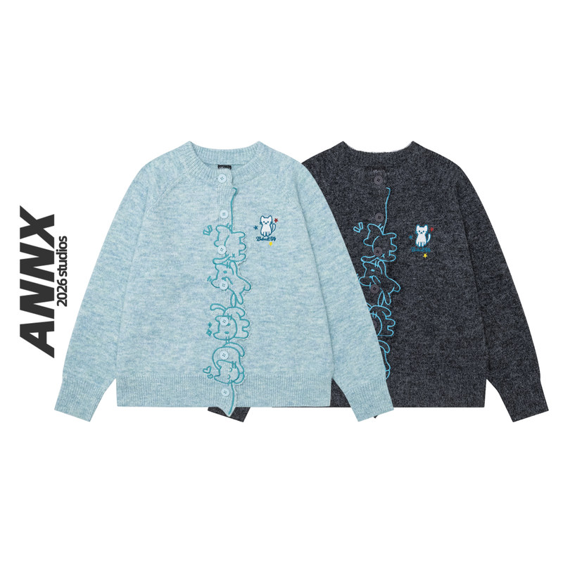 Annx2026 Autumn New Long Sleeve Cardigan Button Knit Sweater Loose Fit Cute Cartoon Anime Women's Clothing