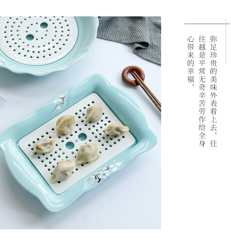 Jingdezhen ceramic plate household rectangular double - deck waterlogging under caused by excessive rainfall steamed dumpling dish of steamed fish dish Nordic dumpling dinner plate