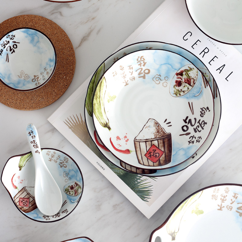 Dishes suit household jingdezhen ceramic creative Japanese eat rice bowl large soup bowl chopsticks spoons tableware portfolio