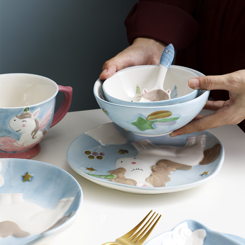 Jingdezhen ceramic bowl with a Japanese dish plate disk soup bowl tableware individual creative move and lovely children