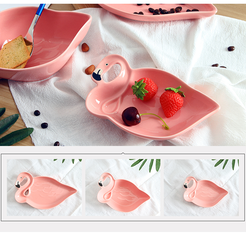 Ins girl hot pink flamingo snacks disc ceramic bowl dessert fruit breakfast snack plate dry fruit tray