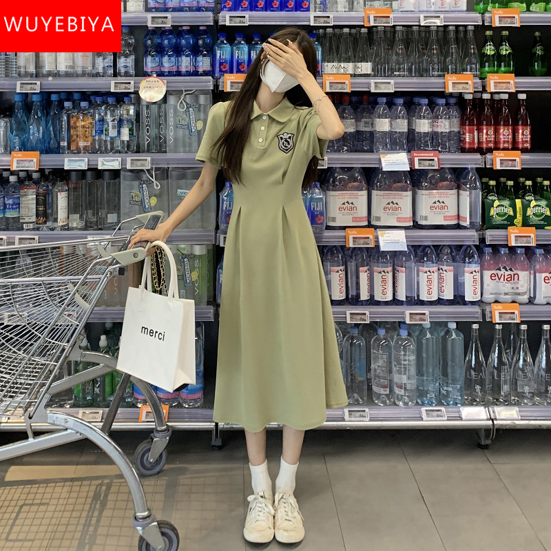 Polo Collar Dress for Girls, Summer Wear 2026 New Style, Junior High and High School Students, Preppy Style, Waist-Cinching Casual Long Skirt