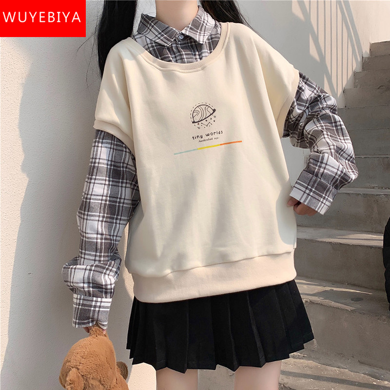 Fake two-piece sweater women's spring and autumn clothes 2022 new junior high school students loose all-match shirt collar clothes