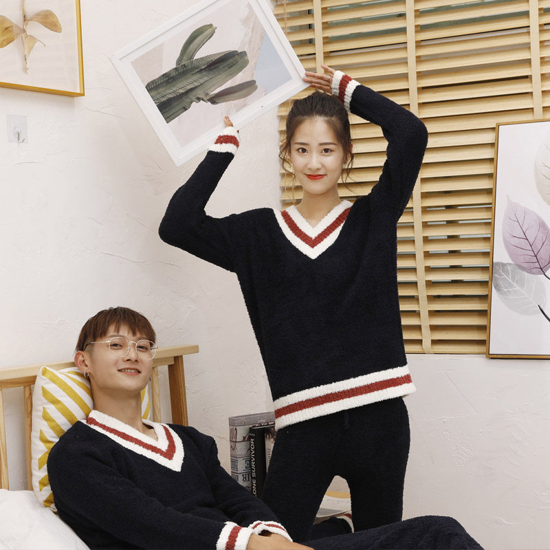 Japanese college style pajamas women's autumn and winter half velvet thickened warm couple coral velvet home clothes suit soft