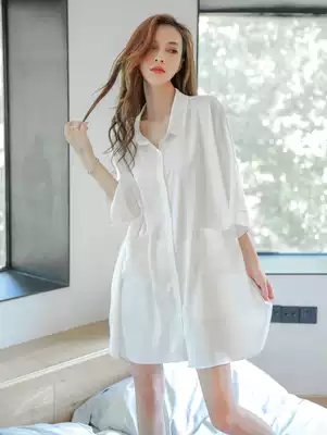 Net Red Butterfly nightgown women's summer ice silk shirt style pajamas medium and long version sexy loose large size silk home clothes